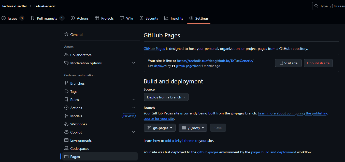 General pages settings in GitHub